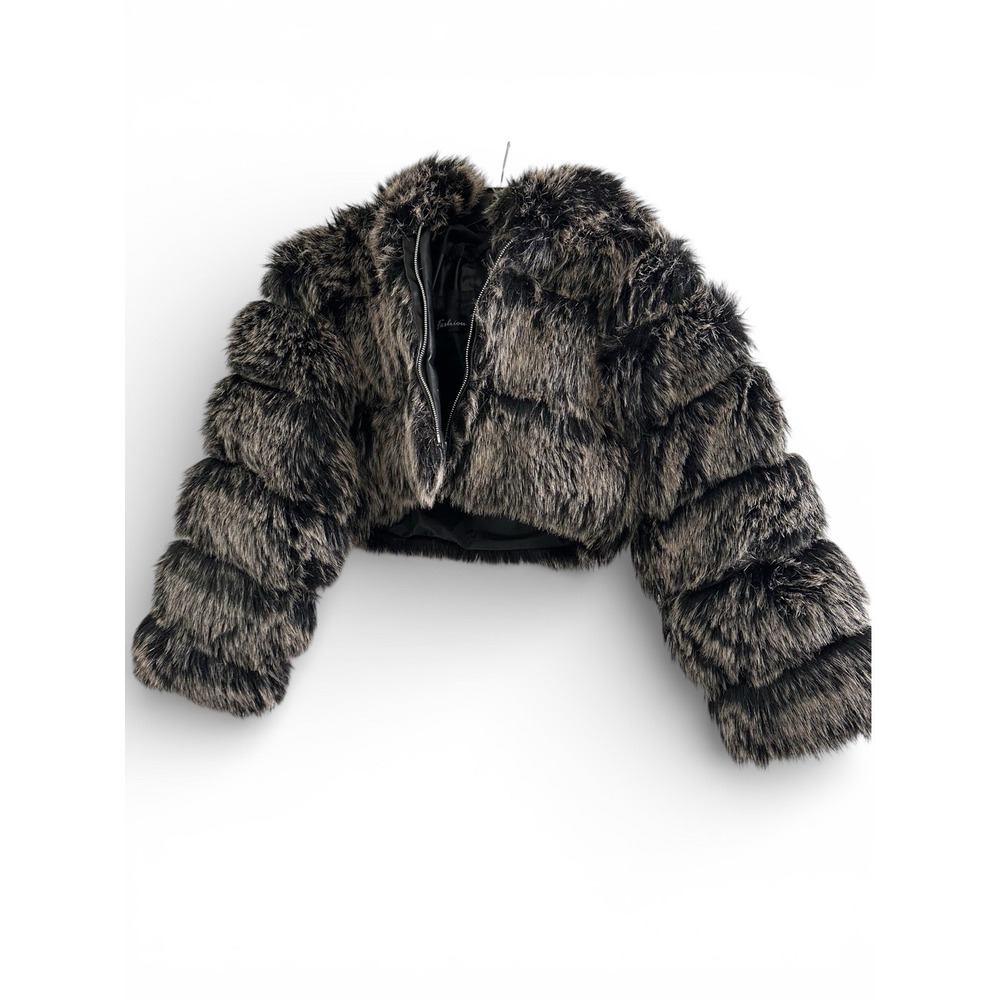 Fashion Jacket Womens M Black Faux Fur Coat Crop Full Zip Hoodie Heavy Mob Wife‎